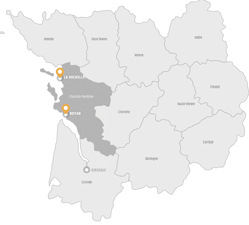 Carte pour localiser les agences de la Rochelle et de Royan en Charente-Maritime