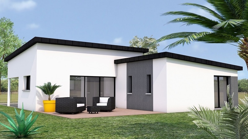 Maison plain pied moderne toit monopente 108m² facade arriere terrasse