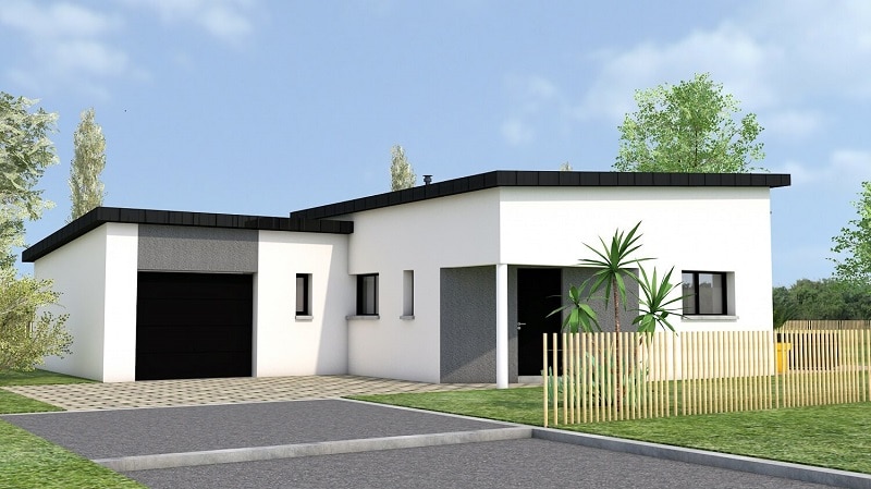 Maison plain pied moderne toit monopente 108m² façade avant garage