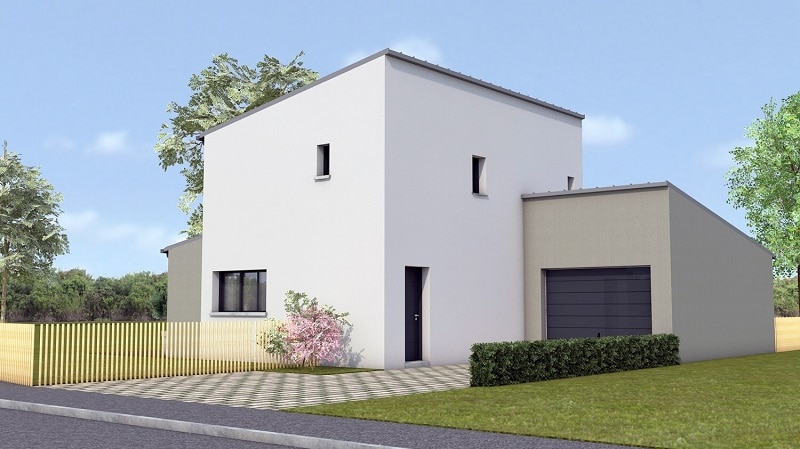 Maison moderne étage 109m² toit monopente façade avant garage entrée